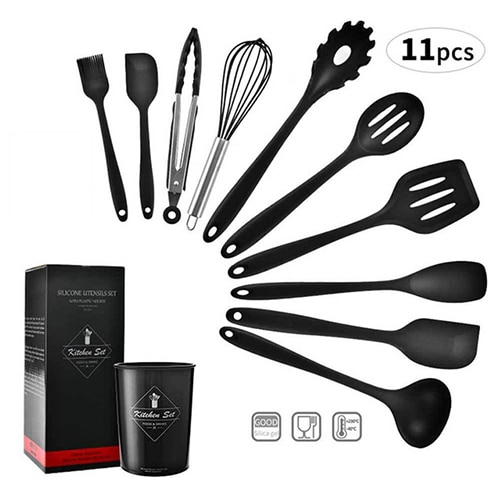 Silicone Cooking Utensils Set Non-Stick Spatula Shovel Wooden Handle Cooking Tools Set With Storage Box Kitchen Tool Accessories