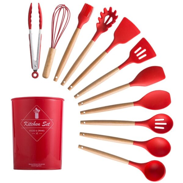 Silicone Cooking Utensils Set Non-Stick Spatula Shovel Wooden Handle Cooking Tools Set With Storage Box Kitchen Tool Accessories