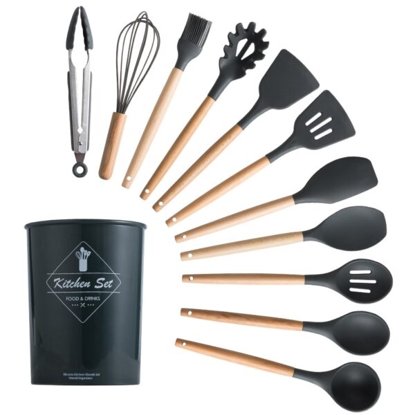 Silicone Cooking Utensils Set Non-Stick Spatula Shovel Wooden Handle Cooking Tools Set With Storage Box Kitchen Tool Accessories