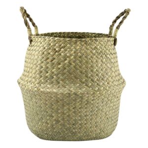 Natural Seagrass Belly Basket, 31Cm Collapsible Handmade Plant Pot Planter Weave Tote Basket with Handle for Storage Laundry Hom (as show)