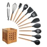 Silicone Cooking Utensils Set Non-Stick Spatula Shovel Wooden Handle Cooking Tools Set With Storage Box Kitchen Tool Accessories