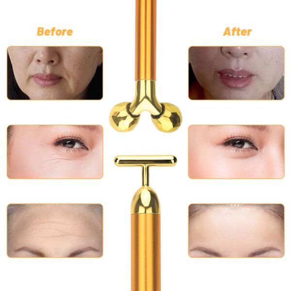 3 in 1 Energy Beauty Bar 24k Golden Vibrating Facial Roller Massager Face Lifting Anti-wrinkle Skin Care Gemstone Roller Ball