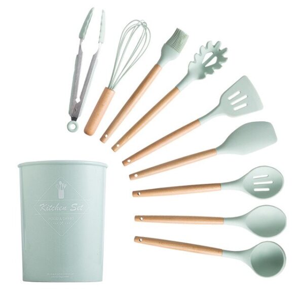 Silicone Cooking Utensils Set Non-Stick Spatula Shovel Wooden Handle Cooking Tools Set With Storage Box Kitchen Tool Accessories