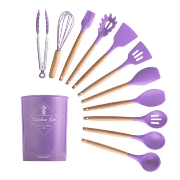 Silicone Cooking Utensils Set Non-Stick Spatula Shovel Wooden Handle Cooking Tools Set With Storage Box Kitchen Tool Accessories