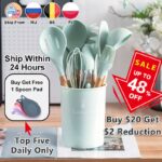 Silicone Cooking Utensils Set Non-Stick Spatula Shovel Wooden Handle Cooking Tools Set With Storage Box Kitchen Tool Accessories