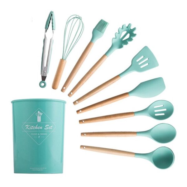 Silicone Cooking Utensils Set Non-Stick Spatula Shovel Wooden Handle Cooking Tools Set With Storage Box Kitchen Tool Accessories