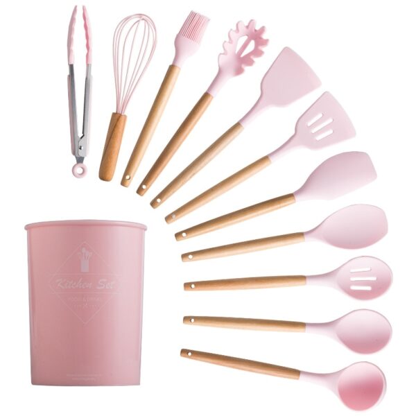 Silicone Cooking Utensils Set Non-Stick Spatula Shovel Wooden Handle Cooking Tools Set With Storage Box Kitchen Tool Accessories