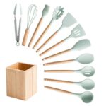 Silicone Cooking Utensils Set Non-Stick Spatula Shovel Wooden Handle Cooking Tools Set With Storage Box Kitchen Tool Accessories