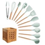 Silicone Cooking Utensils Set Non-Stick Spatula Shovel Wooden Handle Cooking Tools Set With Storage Box Kitchen Tool Accessories