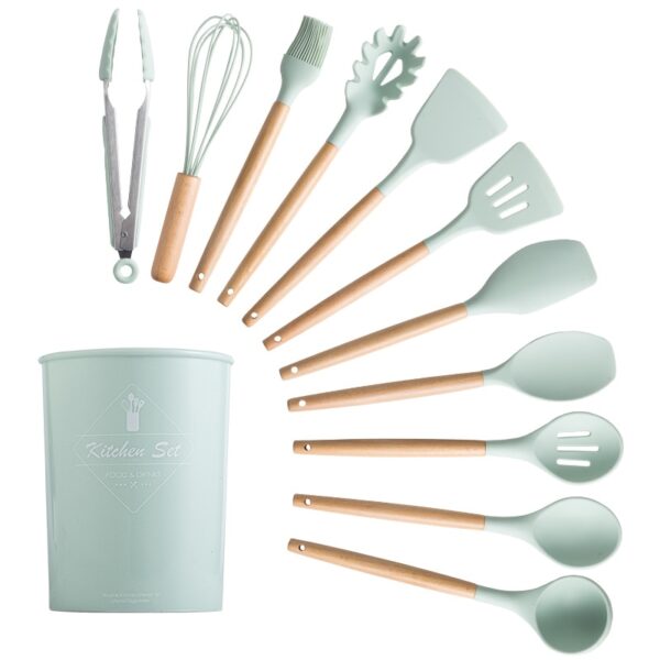 Silicone Cooking Utensils Set Non-Stick Spatula Shovel Wooden Handle Cooking Tools Set With Storage Box Kitchen Tool Accessories