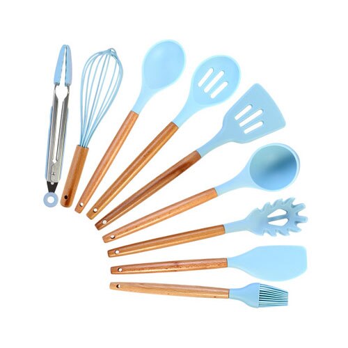 Silicone Cooking Utensils Set Non-Stick Spatula Shovel Wooden Handle Cooking Tools Set With Storage Box Kitchen Tool Accessories