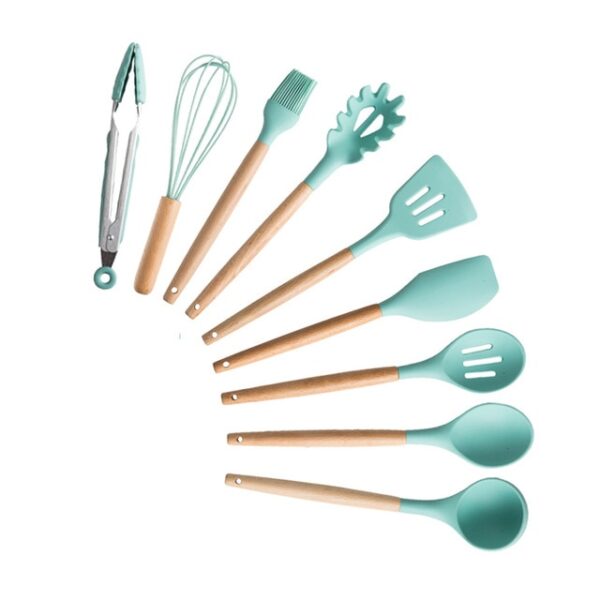 Silicone Cooking Utensils Set Non-Stick Spatula Shovel Wooden Handle Cooking Tools Set With Storage Box Kitchen Tool Accessories