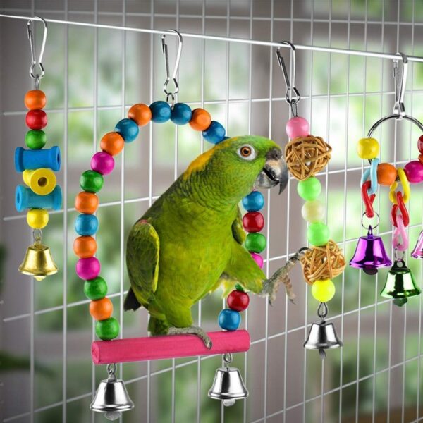 6 Pcs Bird Parrot Toys, Bird Swing Toy Colorful Chewing Hanging Hammock Swing Bell Pet Climbing Ladders Toys Bird Toys For Par (wood)