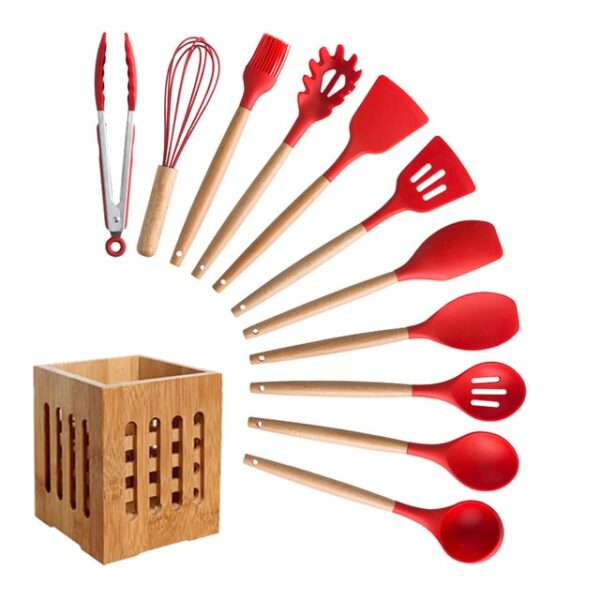 Silicone Cooking Utensils Set Non-Stick Spatula Shovel Wooden Handle Cooking Tools Set With Storage Box Kitchen Tool Accessories