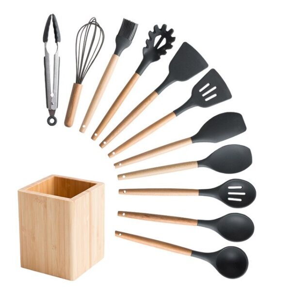 Silicone Cooking Utensils Set Non-Stick Spatula Shovel Wooden Handle Cooking Tools Set With Storage Box Kitchen Tool Accessories