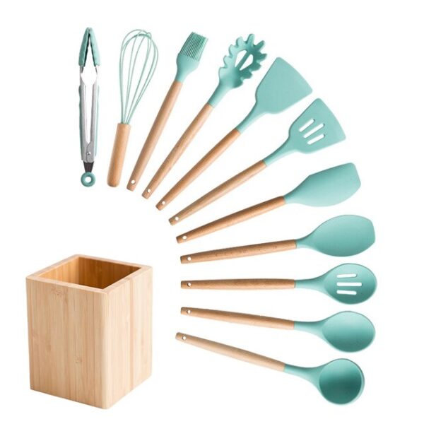 Silicone Cooking Utensils Set Non-Stick Spatula Shovel Wooden Handle Cooking Tools Set With Storage Box Kitchen Tool Accessories