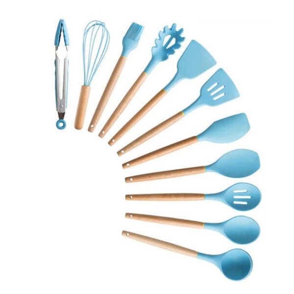 Silicone Cooking Utensils Set Non-Stick Spatula Shovel Wooden Handle Cooking Tools Set With Storage Box Kitchen Tool Accessories