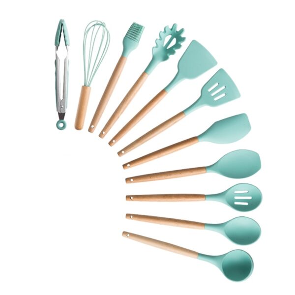 Silicone Cooking Utensils Set Non-Stick Spatula Shovel Wooden Handle Cooking Tools Set With Storage Box Kitchen Tool Accessories