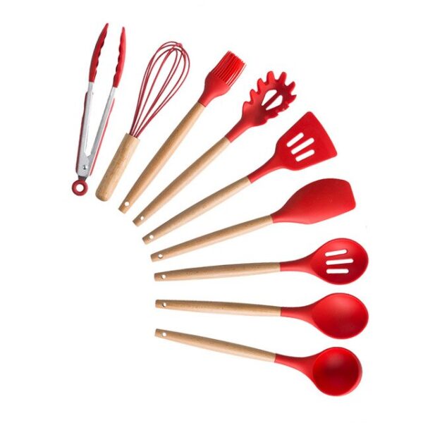 Silicone Cooking Utensils Set Non-Stick Spatula Shovel Wooden Handle Cooking Tools Set With Storage Box Kitchen Tool Accessories