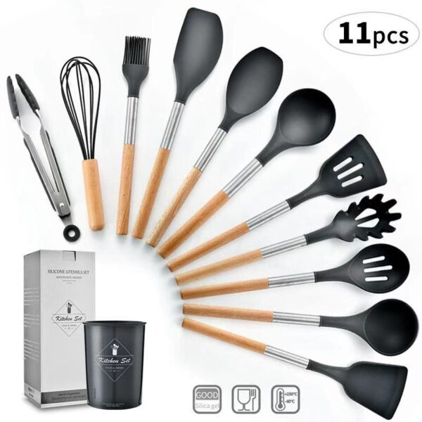 Silicone Cooking Utensils Set Non-Stick Spatula Shovel Wooden Handle Cooking Tools Set With Storage Box Kitchen Tool Accessories