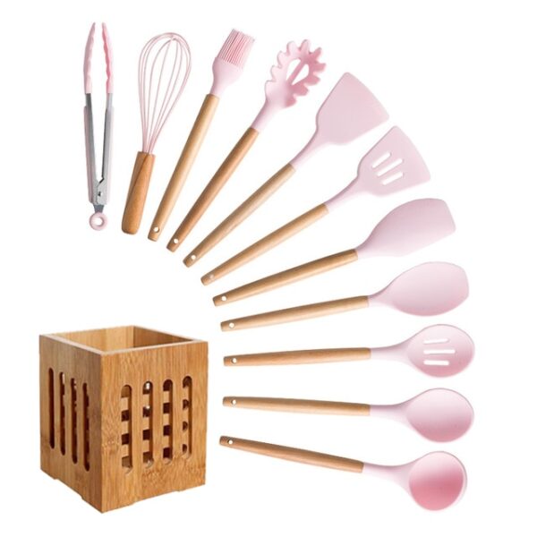 Silicone Cooking Utensils Set Non-Stick Spatula Shovel Wooden Handle Cooking Tools Set With Storage Box Kitchen Tool Accessories