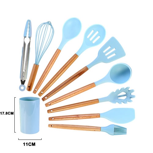 Silicone Cooking Utensils Set Non-Stick Spatula Shovel Wooden Handle Cooking Tools Set With Storage Box Kitchen Tool Accessories