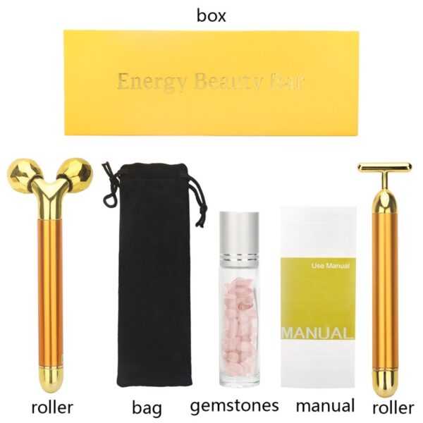 3 in 1 Energy Beauty Bar 24k Golden Vibrating Facial Roller Massager Face Lifting Anti-wrinkle Skin Care Gemstone Roller Ball